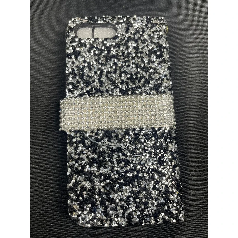 Bling Rhinestone Wallet Phone Case Black Silver Crystal Folio Universal Large